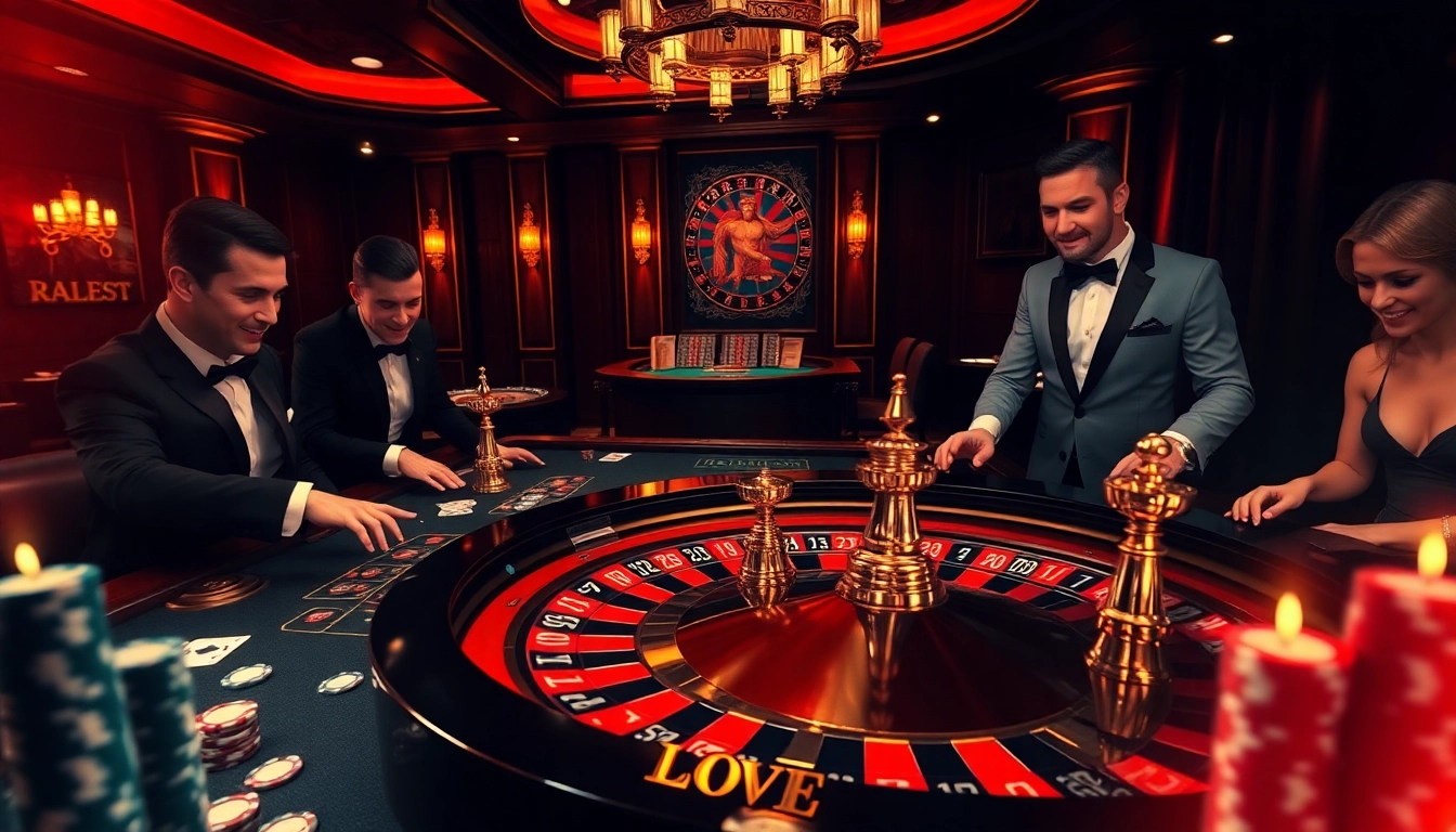 Excited players betting at a luxurious roulette table showcasing https://hbbet5.art/ casino action.