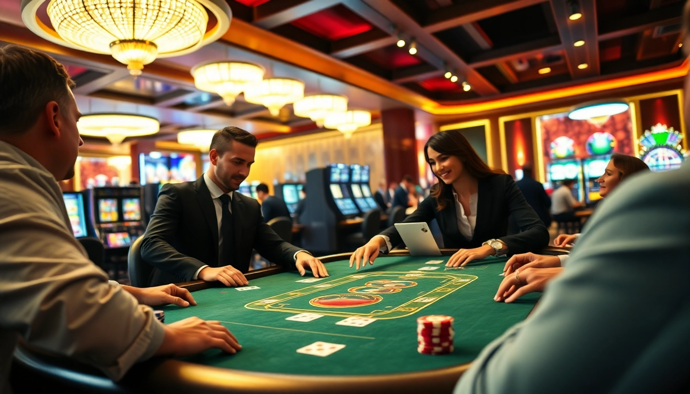 Gamblers enjoying a thrilling poker game at Rikvip casino, showcasing excitement and professional gameplay.
