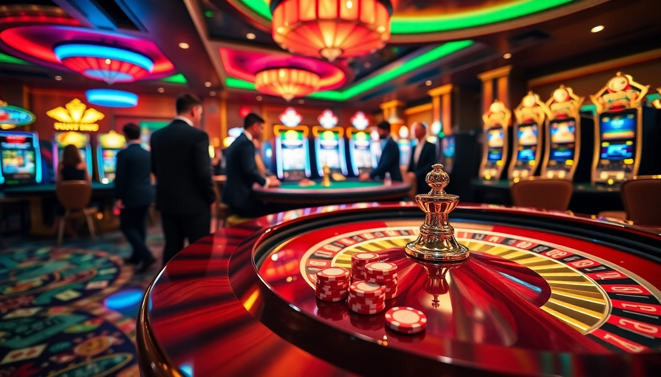 Experience thrilling gambling action at https://jun88app.app/ with vibrant casino visuals and players at tables.