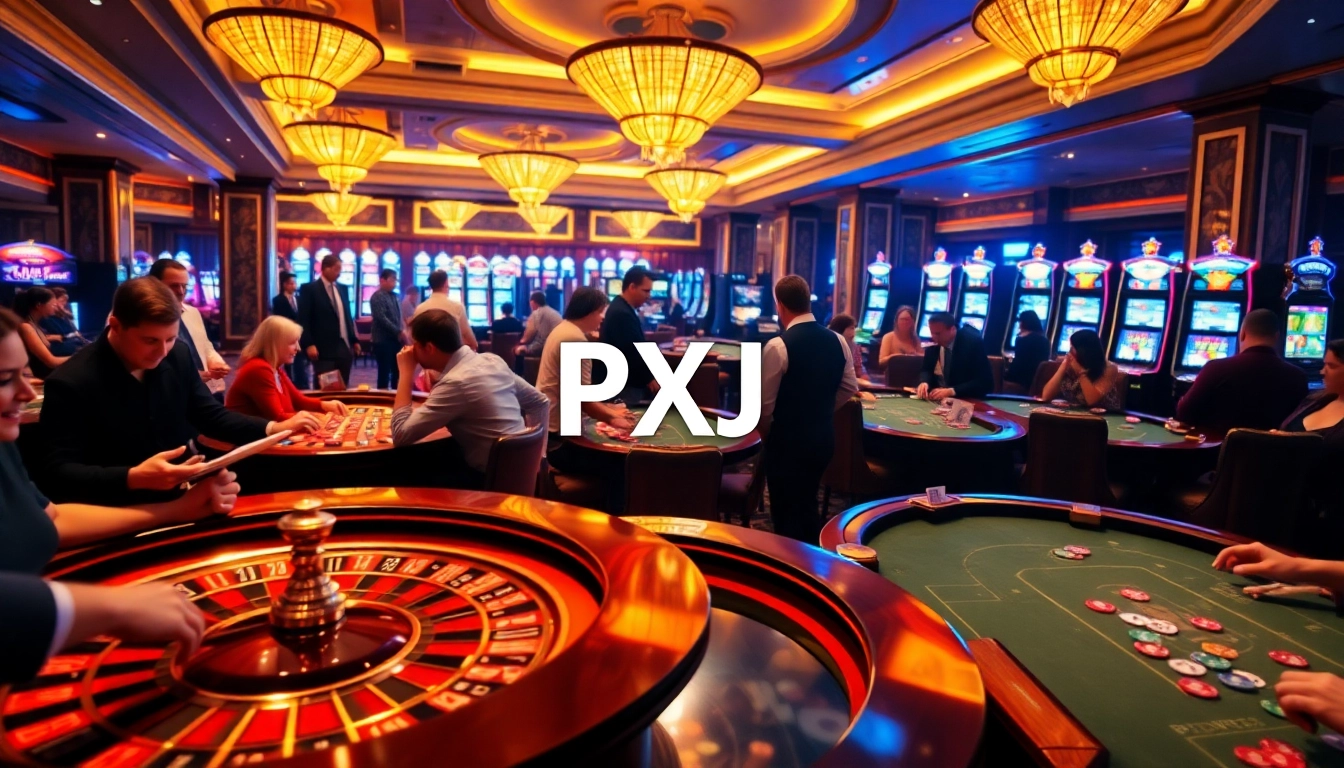 Players enjoying casino games at a vibrant venue showcasing PXJ, filled with excitement and poker chips.