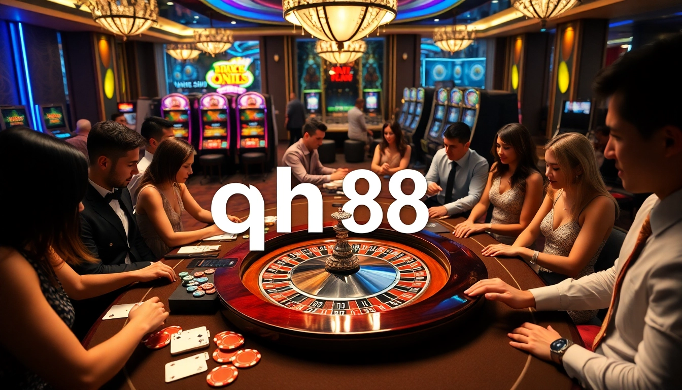 Engaged players enjoying a vibrant gaming experience at QH88 casino, featuring roulette and poker elements.