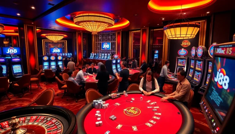 Experience the thrill of j88 gaming in a luxurious casino filled with vibrant poker tables and slot machines.
