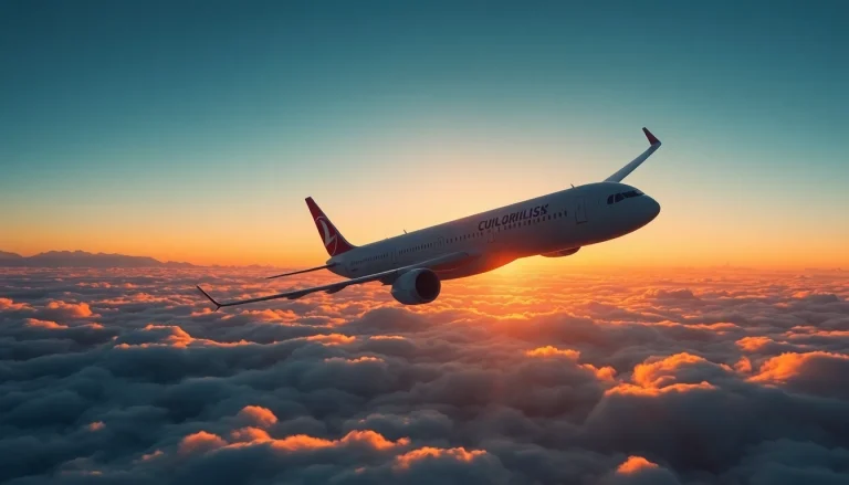 Airplane TK88 in flight above clouds during sunset, showcasing Turkish Airlines adventure.